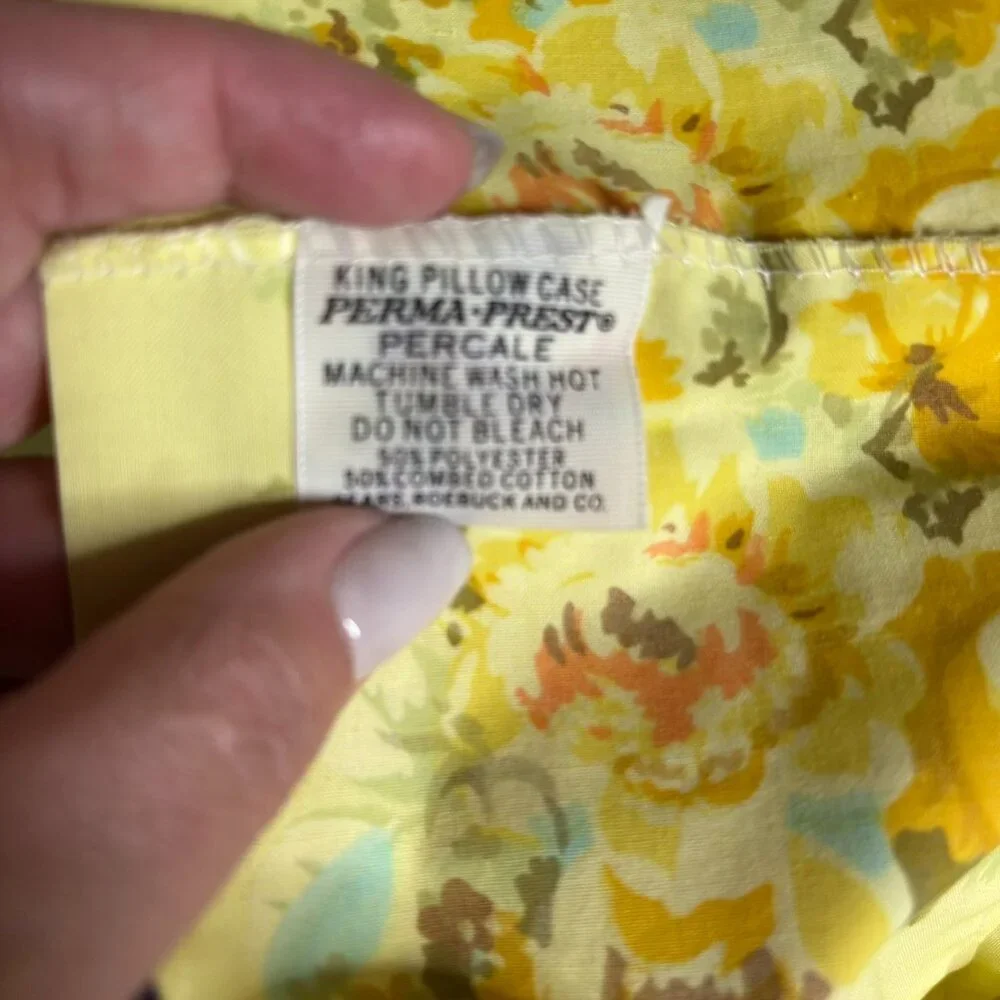 Vintage King Size Pillowcase Perma Prest Floral Yellow White Cotton Poly Blend